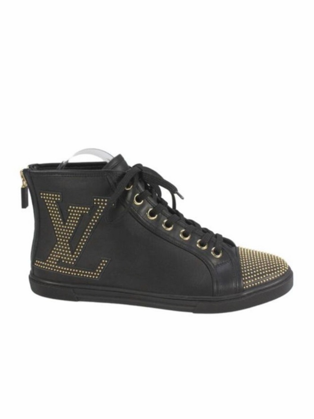 Louis Vuitton Black Leather High-Top Sneakers with Gold Stud Toe